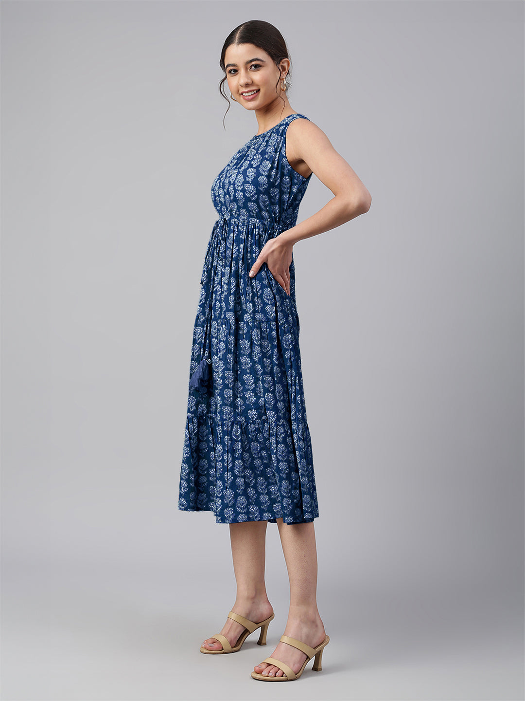 Janasya Bright Cotton Floral Tiered Dress | Swadesiicart