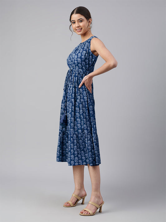 Janasya Bright Cotton Floral Tiered Dress | Swadesiicart