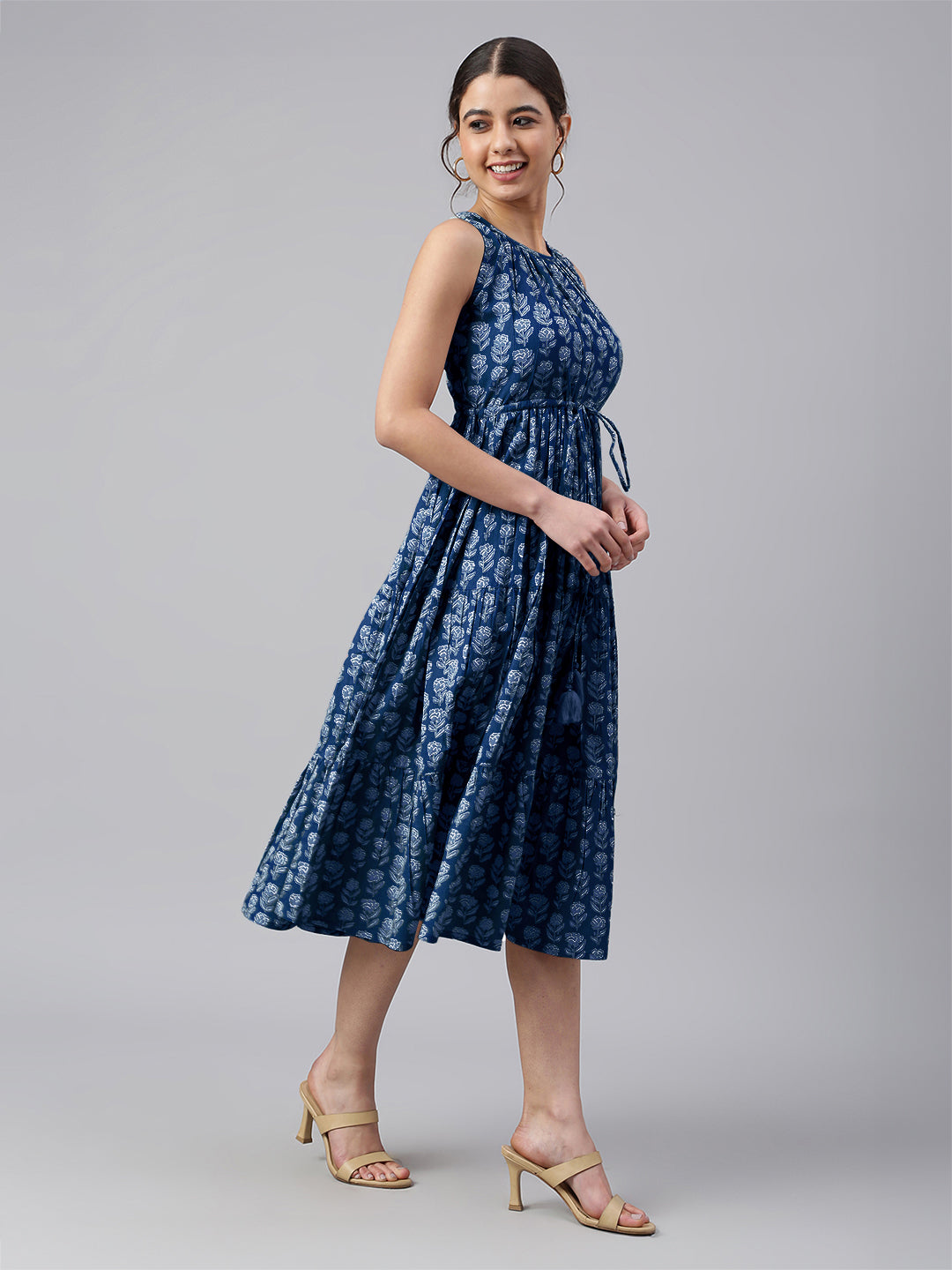 Janasya Bright Cotton Floral Tiered Dress | Swadesiicart