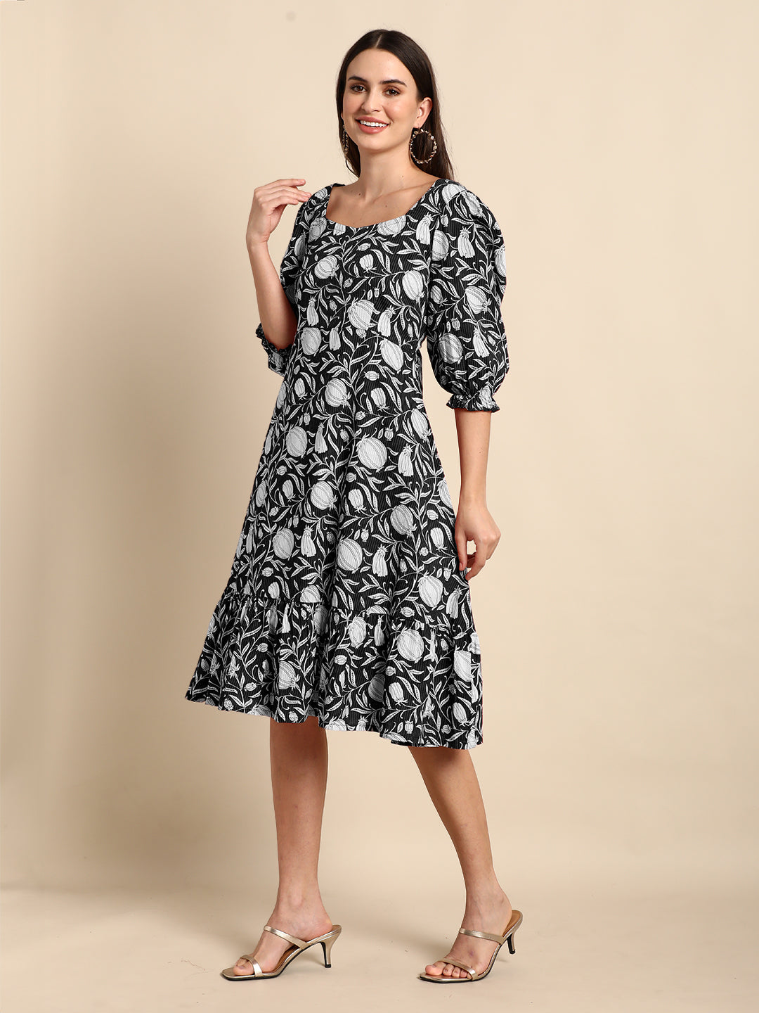 Janasya Dark Cotton Floral A-Line Dress | Swadesiicart
