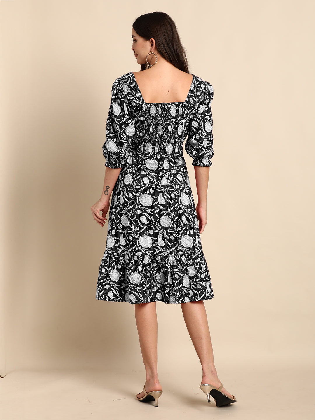 Janasya Dark Cotton Floral A-Line Dress | Swadesiicart
