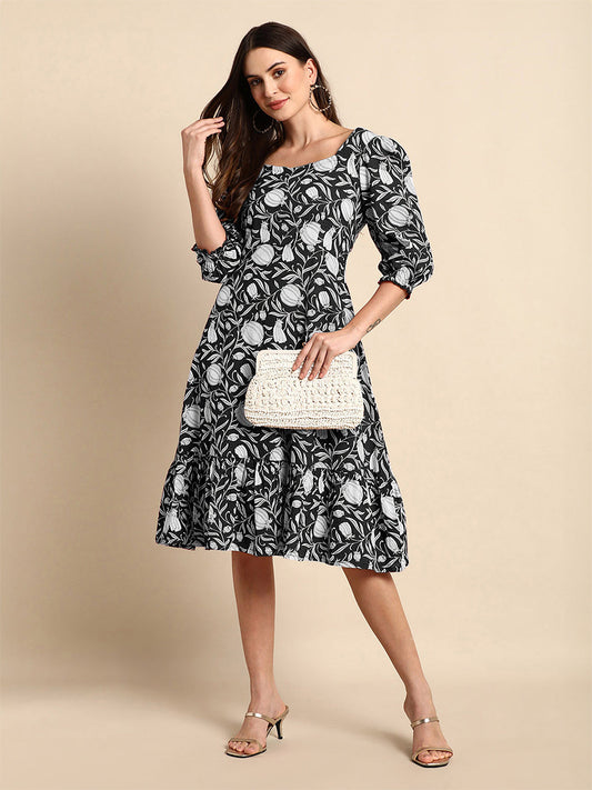 Janasya Dark Cotton Floral A-Line Dress | Swadesiicart