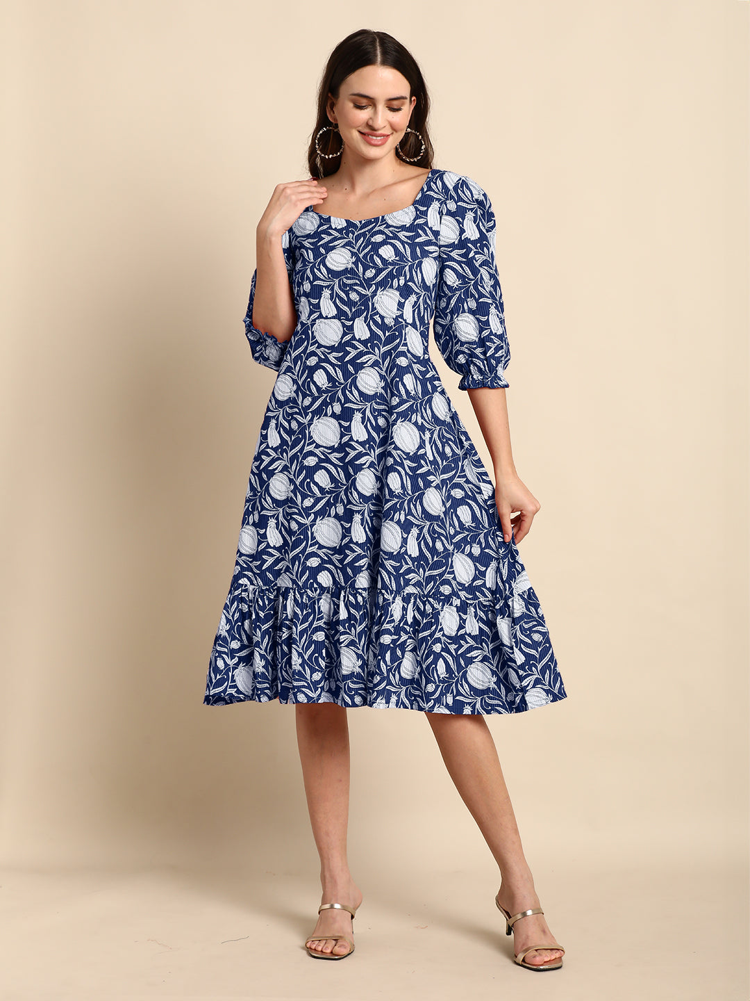 Janasya Dark Cotton Floral A-Line Dress | Swadesiicart