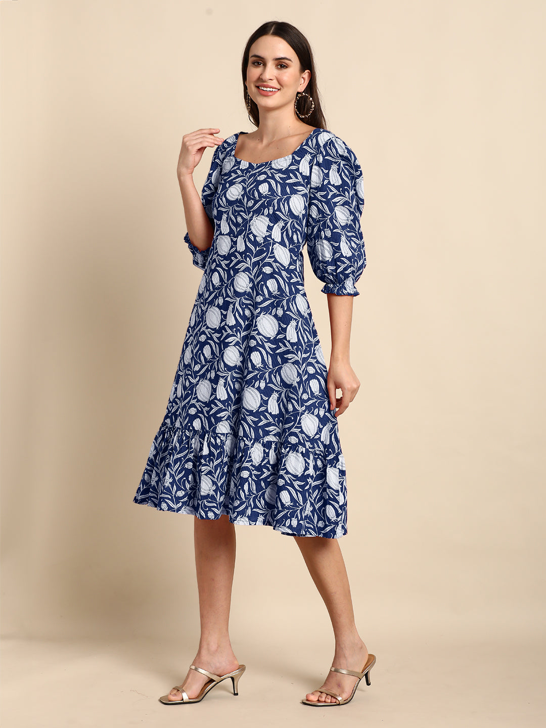 Janasya Dark Cotton Floral A-Line Dress | Swadesiicart