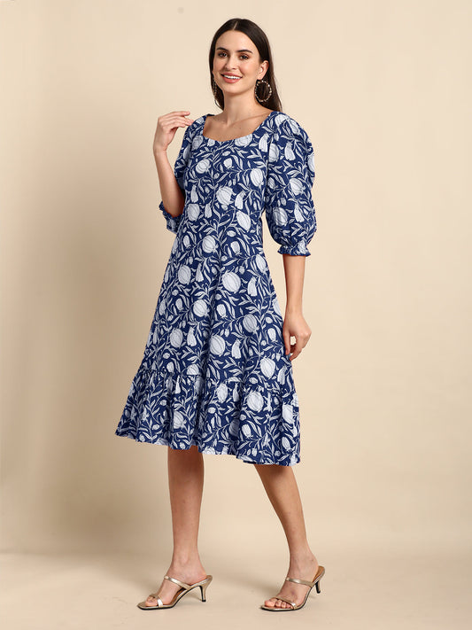 Janasya Dark Cotton Floral A-Line Dress | Swadesiicart
