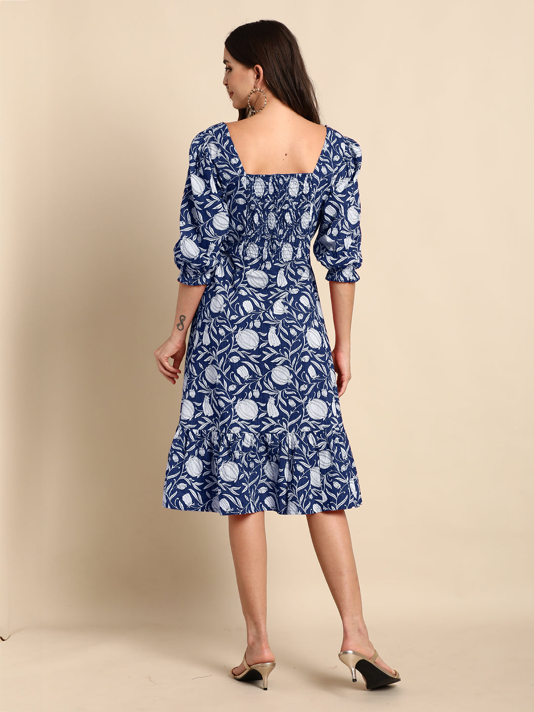 Janasya Dark Cotton Floral A-Line Dress | Swadesiicart