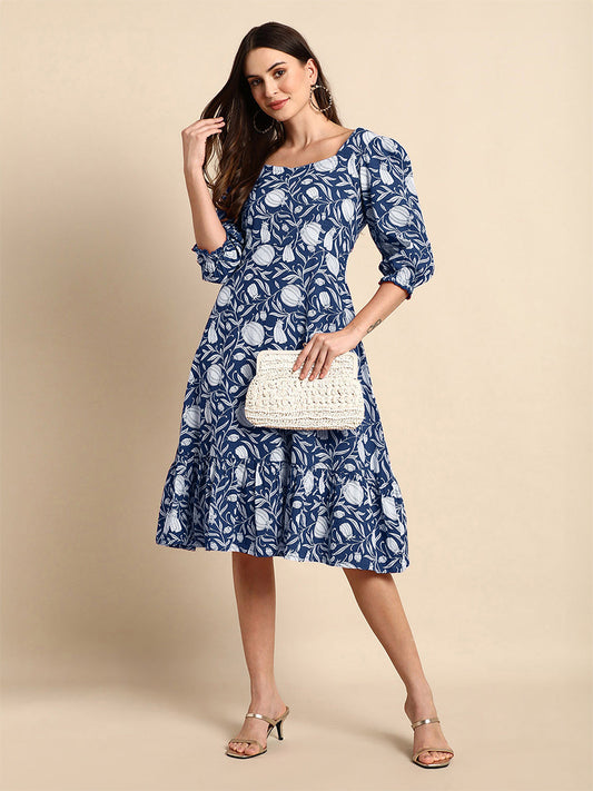 Janasya Dark Cotton Floral A-Line Dress | Swadesiicart