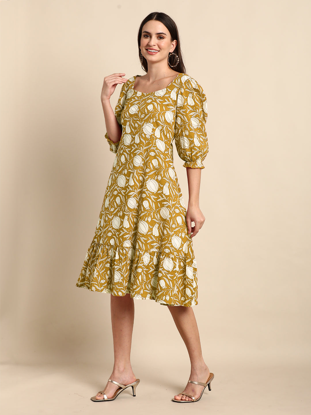 Janasya Dark Cotton Floral A-Line Dress | Swadesiicart