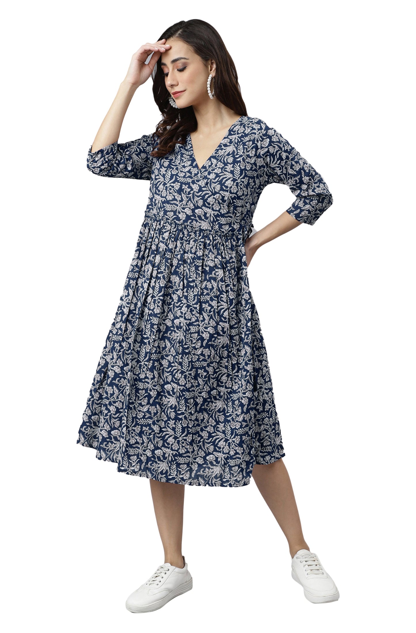 Janasya Dark Cotton Floral Angrakha Dress | Swadesiicart