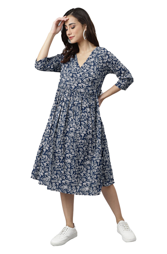 Janasya Dark Cotton Floral Angrakha Dress | Swadesiicart