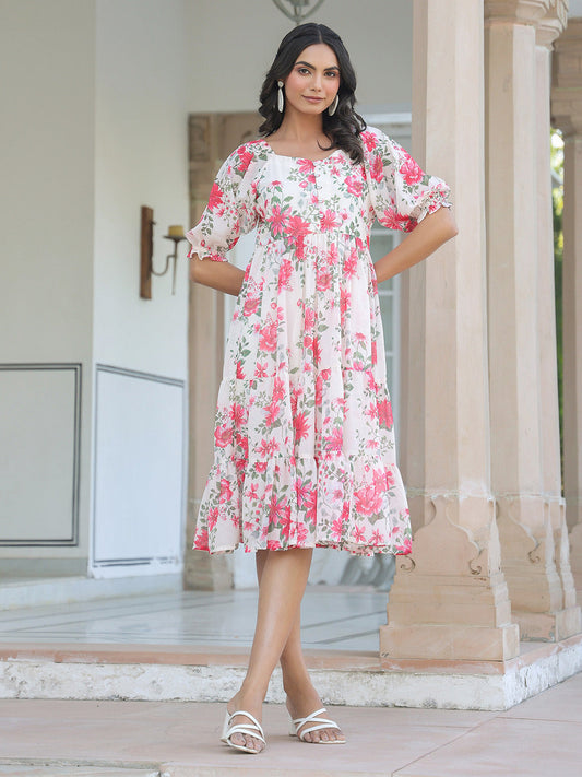 Janasya Bright Georgette Floral Tiered Dress | Swadesiicart