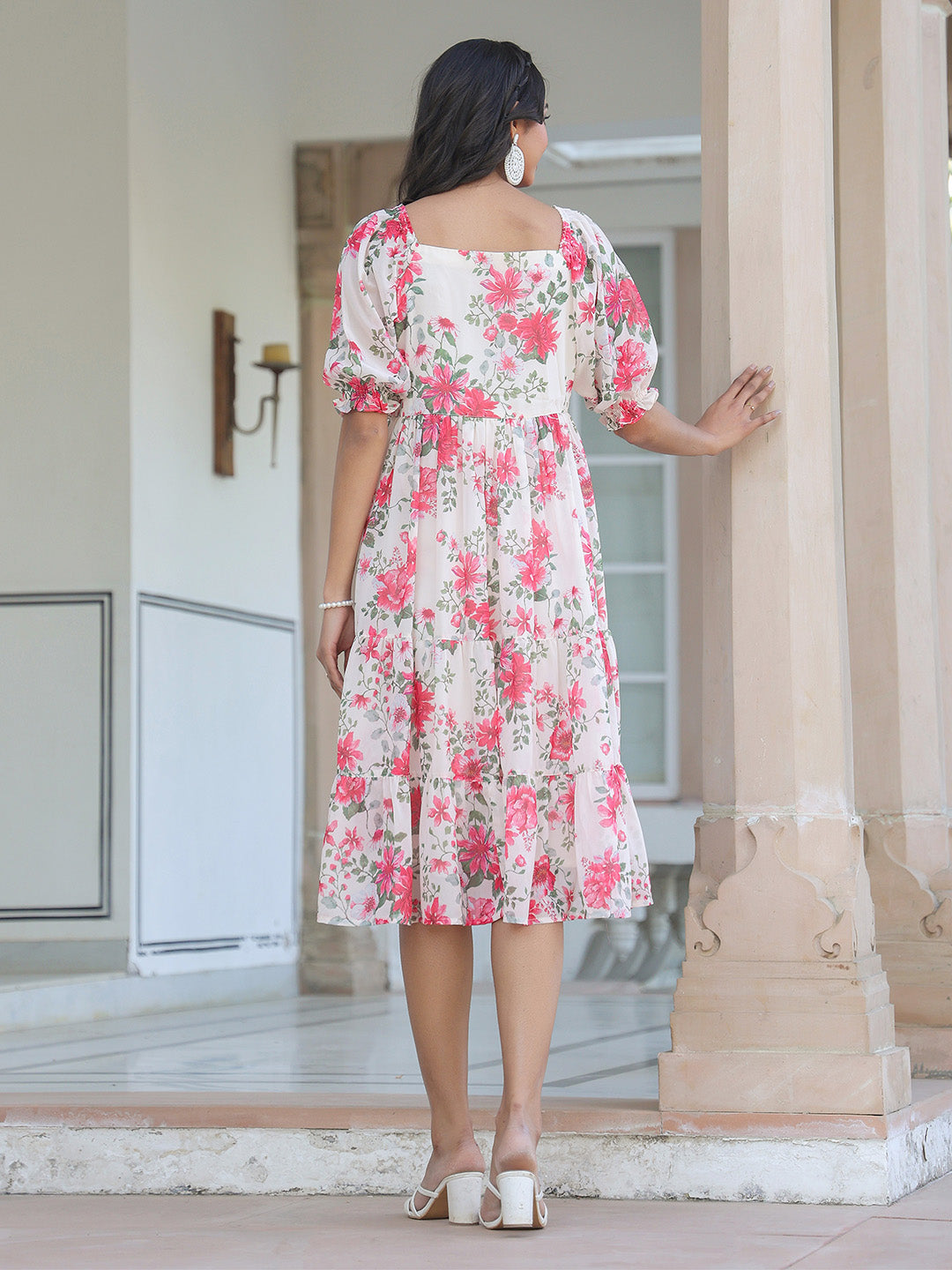 Janasya Bright Georgette Floral Tiered Dress | Swadesiicart