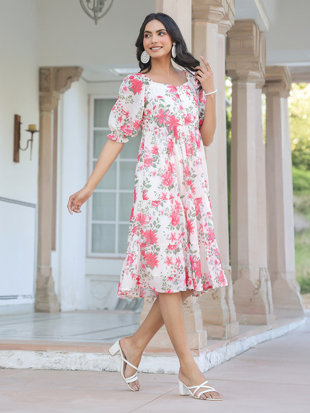 Janasya Bright Georgette Floral Tiered Dress | Swadesiicart