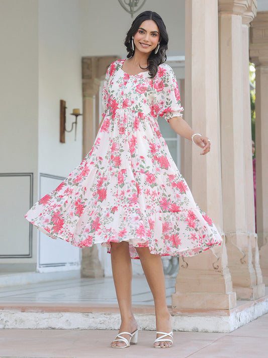 Janasya Bright Georgette Floral Tiered Dress | Swadesiicart