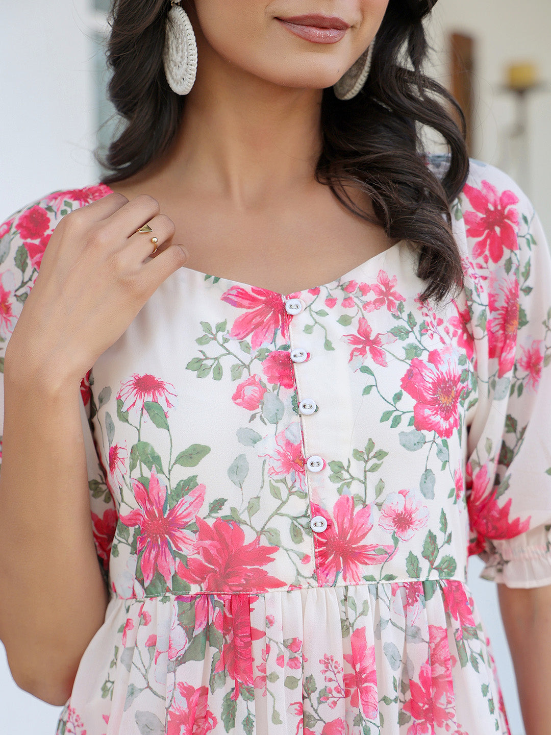 Janasya Bright Georgette Floral Tiered Dress | Swadesiicart