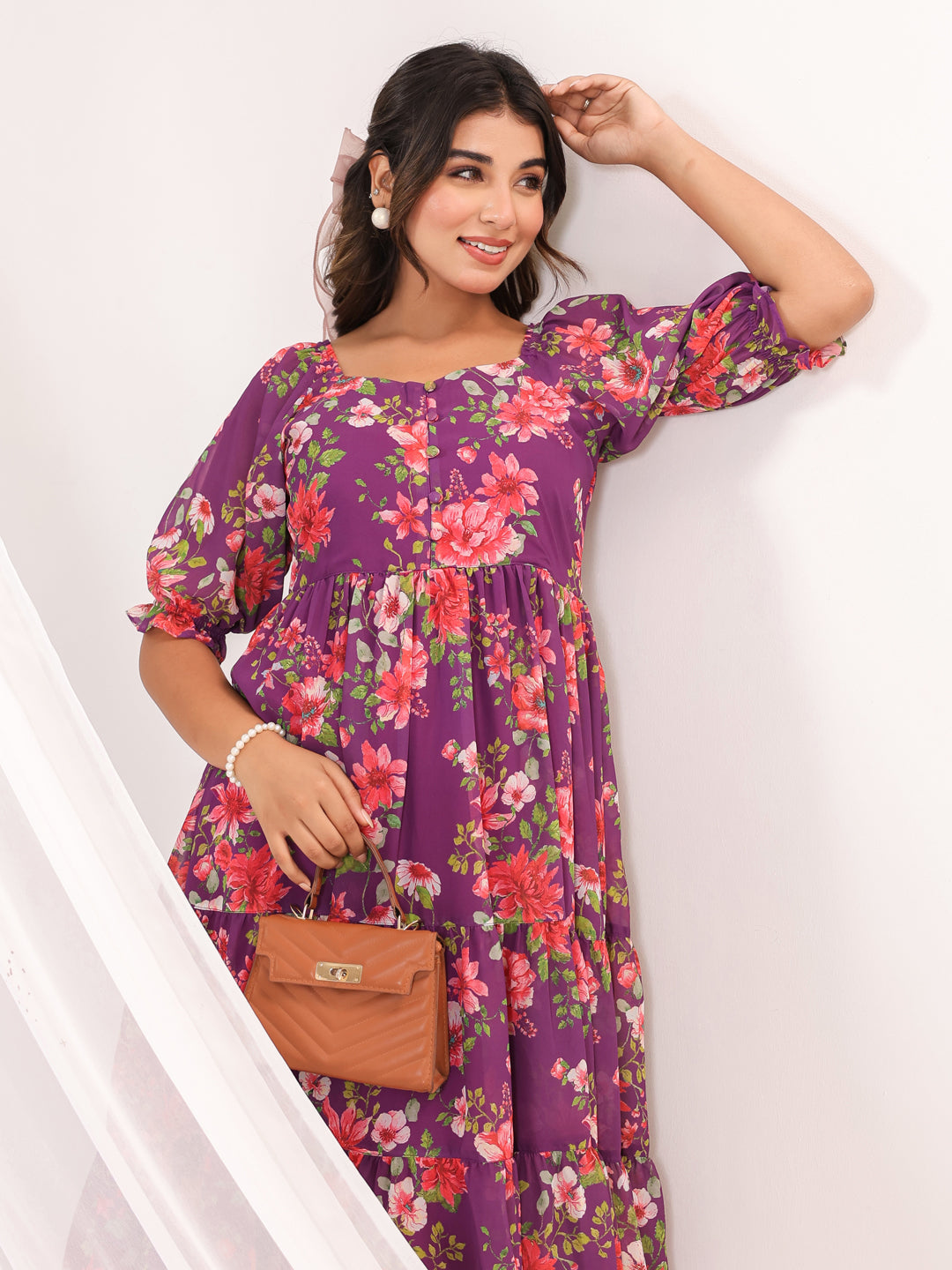 Janasya Bright Georgette Floral Tiered Dress | Swadesiicart