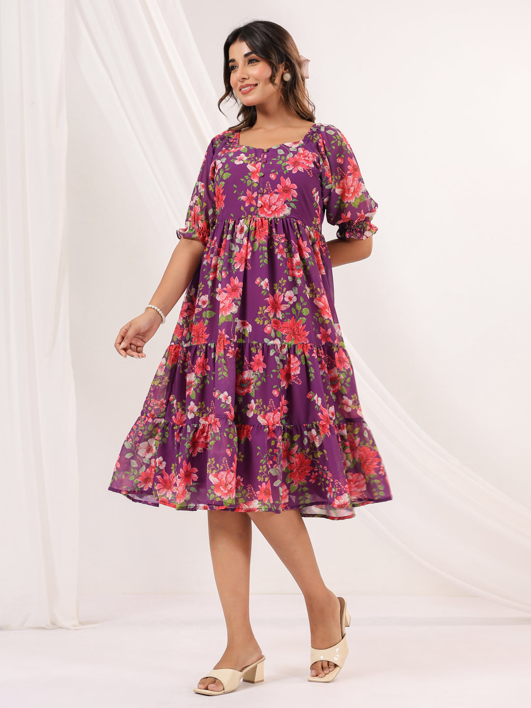 Janasya Bright Georgette Floral Tiered Dress | Swadesiicart