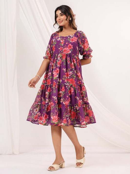 Janasya Bright Georgette Floral Tiered Dress | Swadesiicart