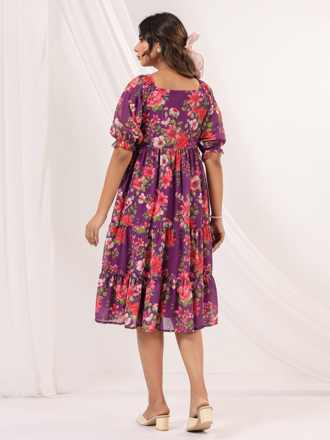 Janasya Bright Georgette Floral Tiered Dress | Swadesiicart