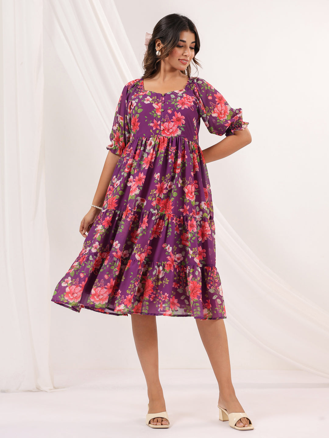 Janasya Bright Georgette Floral Tiered Dress | Swadesiicart