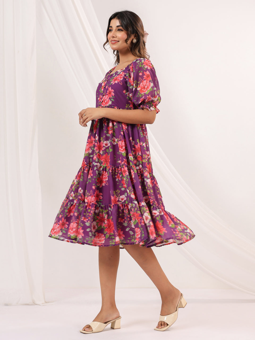 Janasya Bright Georgette Floral Tiered Dress | Swadesiicart