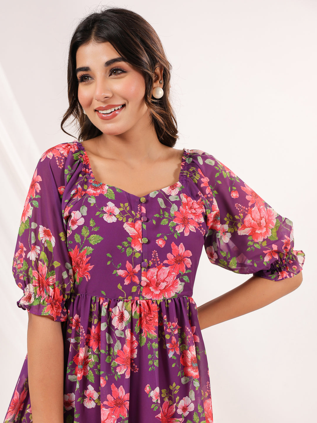 Janasya Bright Georgette Floral Tiered Dress | Swadesiicart