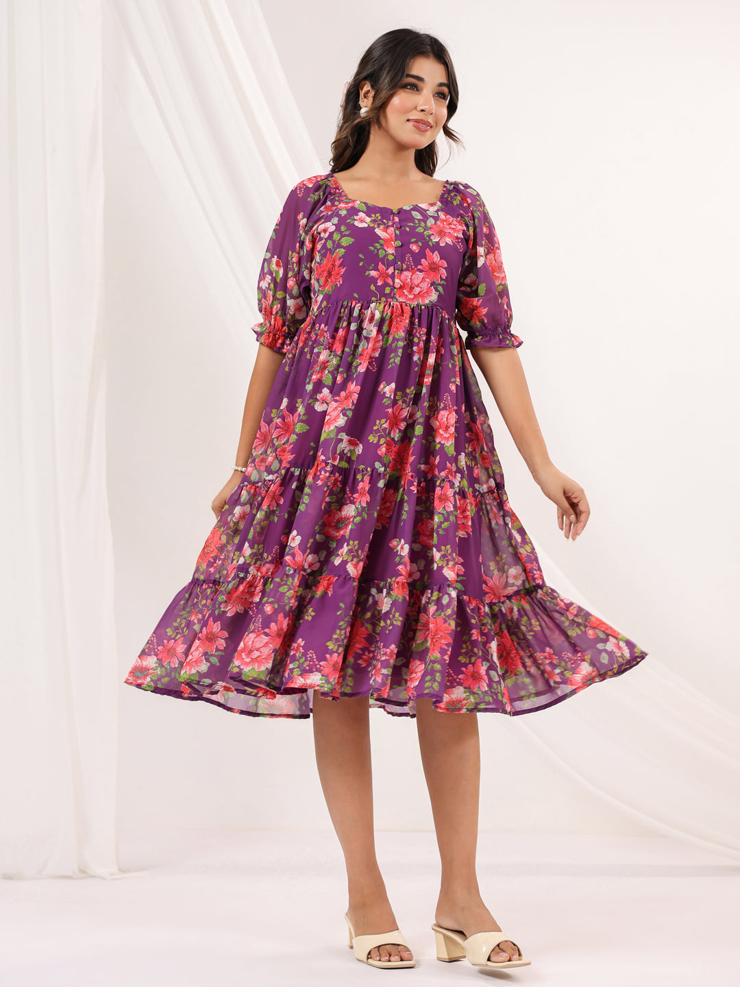 Janasya Bright Georgette Floral Tiered Dress | Swadesiicart