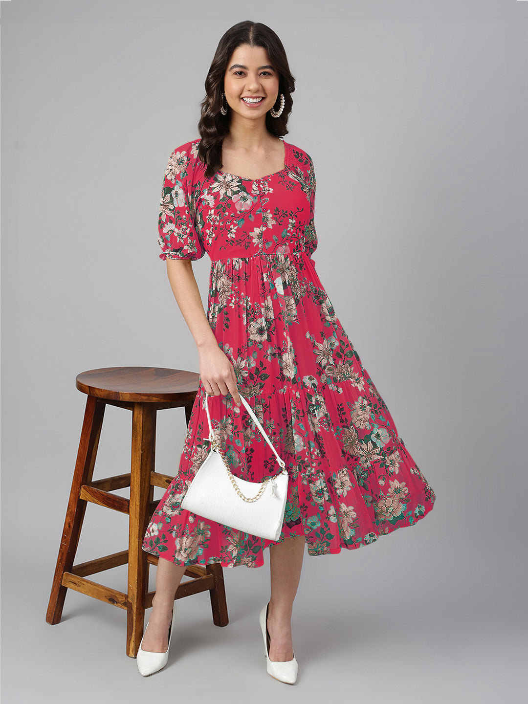 Janasya Bright Georgette Floral Tiered Dress | Swadesiicart