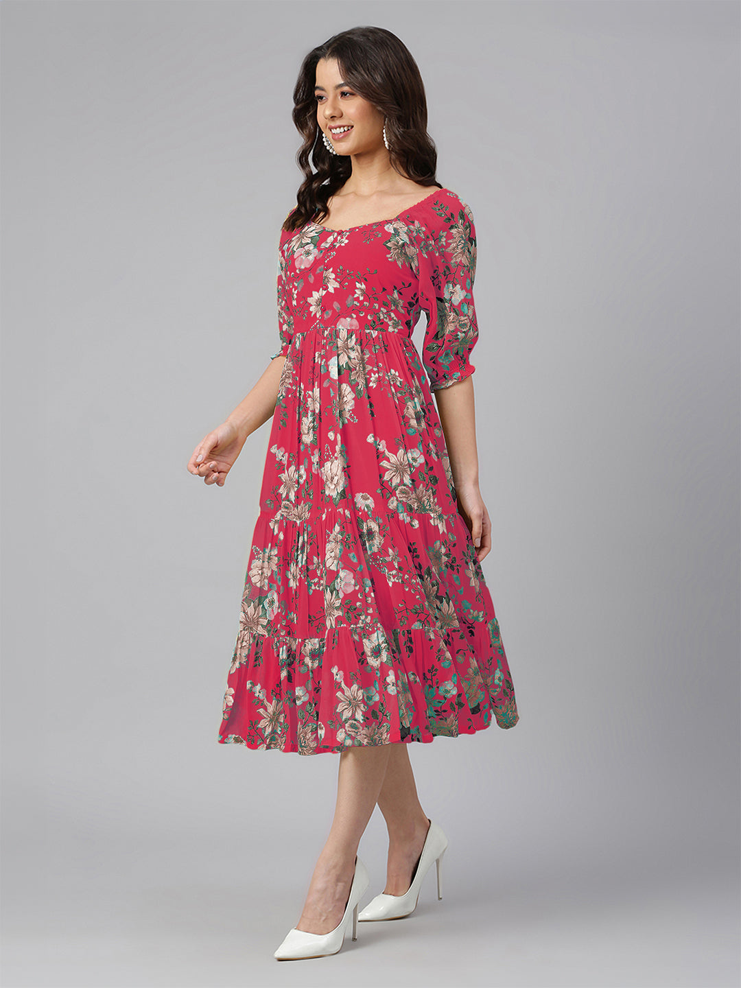Janasya Bright Georgette Floral Tiered Dress | Swadesiicart