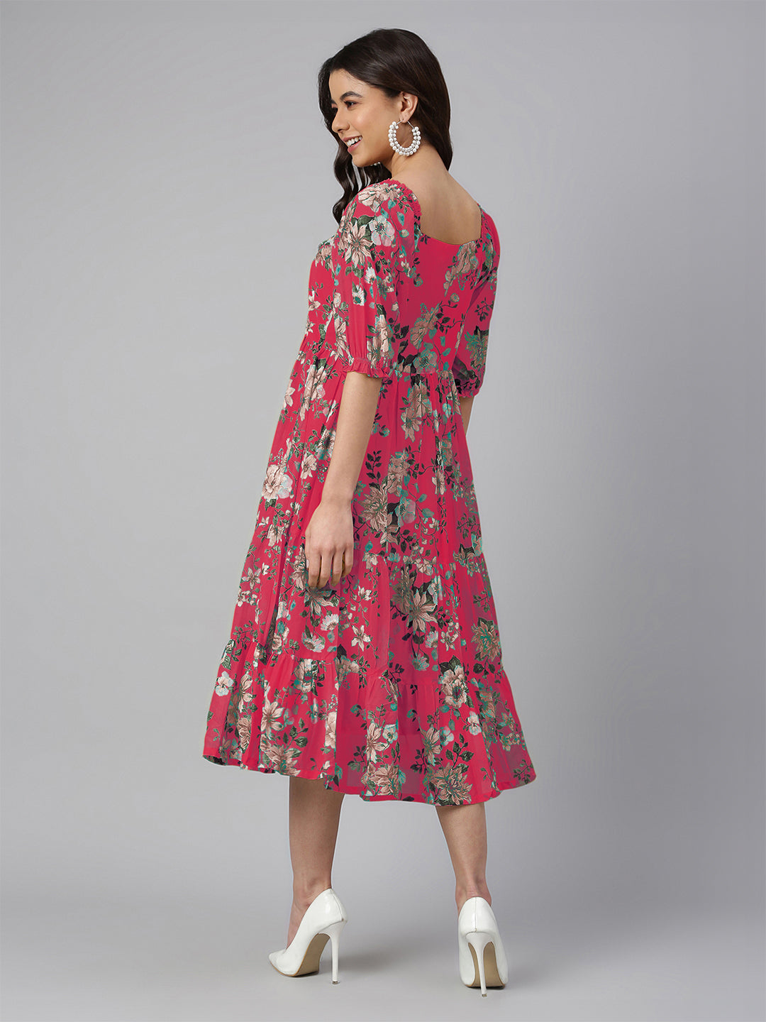 Janasya Bright Georgette Floral Tiered Dress | Swadesiicart