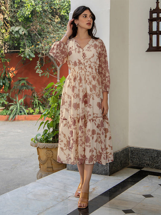 Janasya Dark Georgette Floral A-Line Dress | Swadesiicart