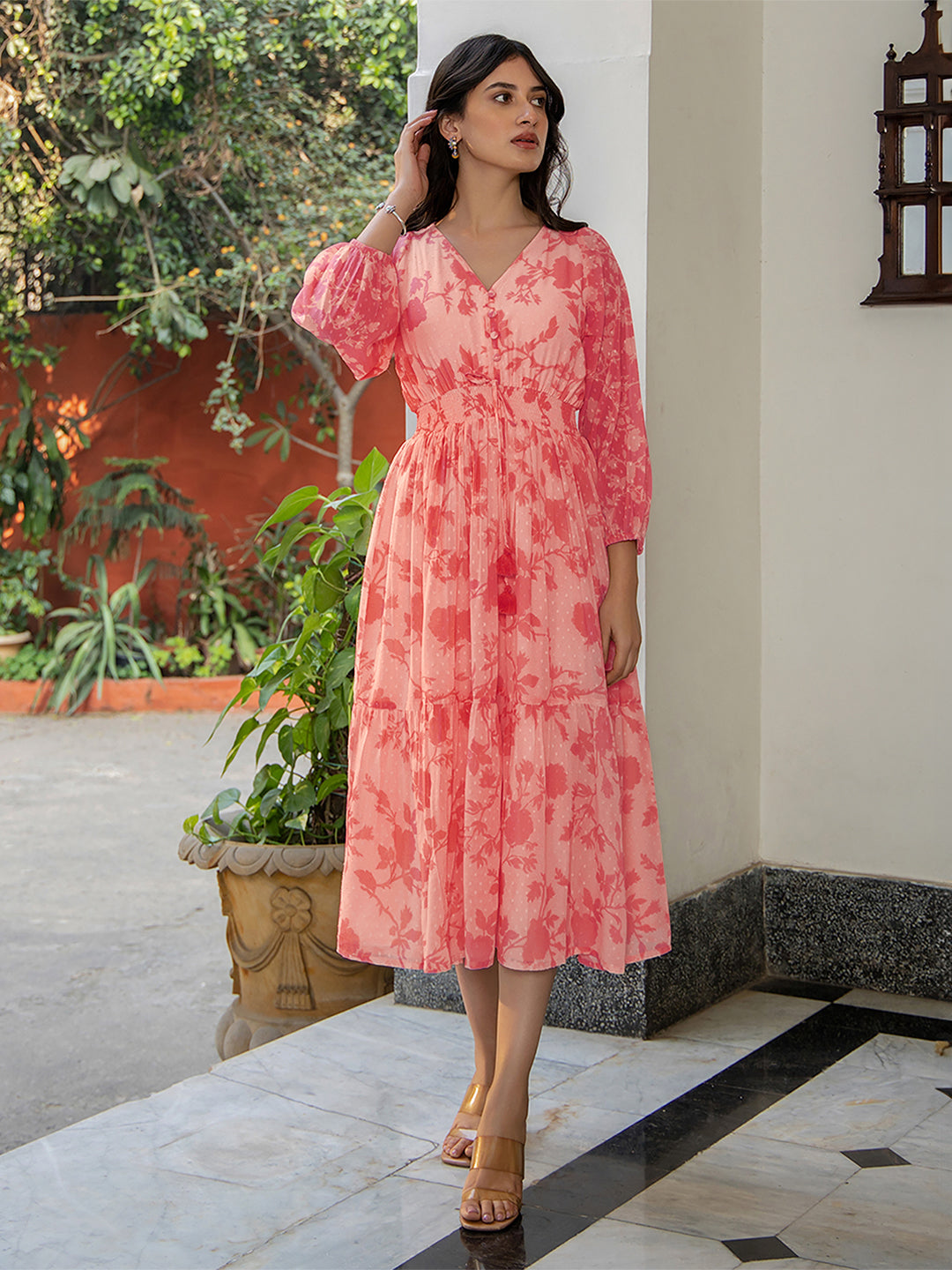 Janasya Bright Georgette Floral Fit & Flare Dress | Swadesiicart