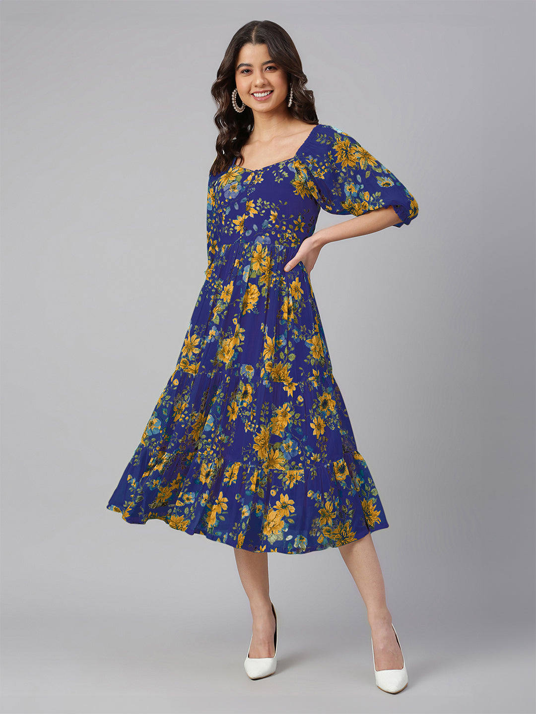 Janasya Bright Georgette Floral Tiered Dress | Swadesiicart