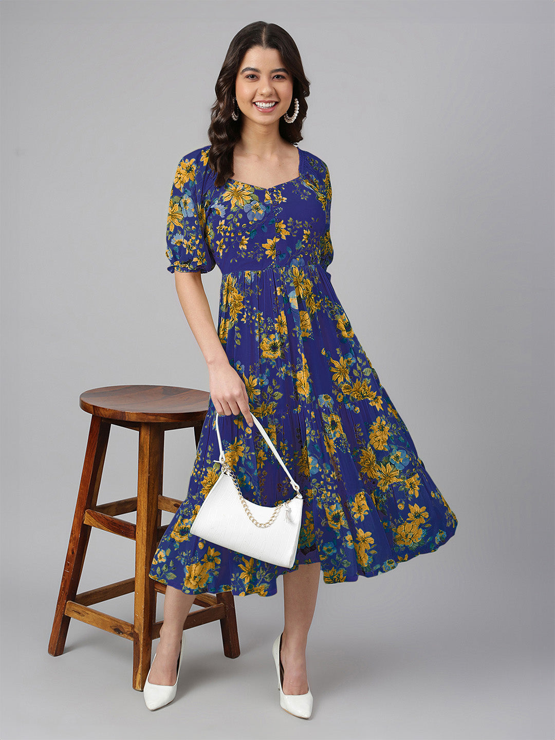 Janasya Bright Georgette Floral Tiered Dress | Swadesiicart