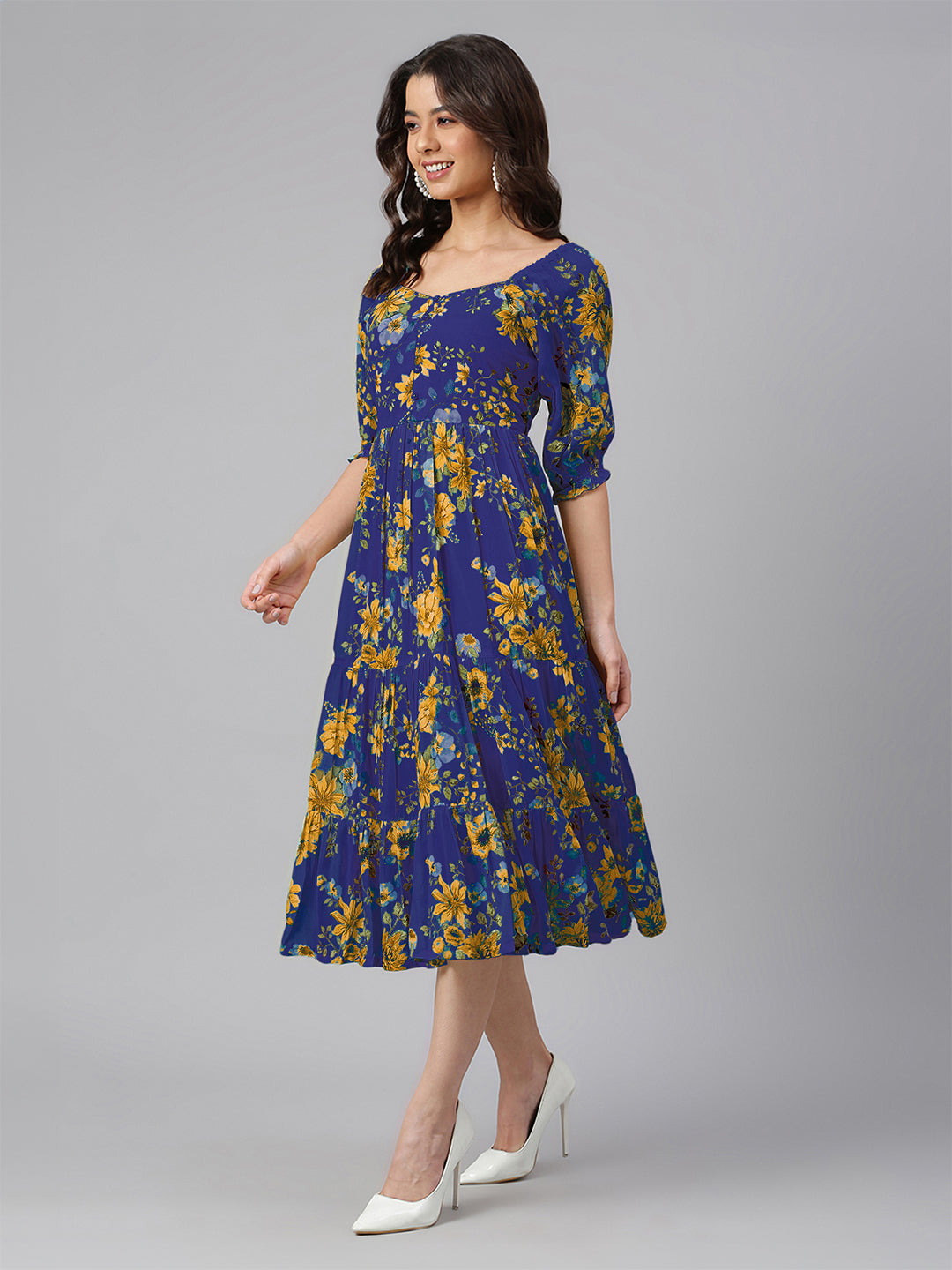 Janasya Bright Georgette Floral Tiered Dress | Swadesiicart
