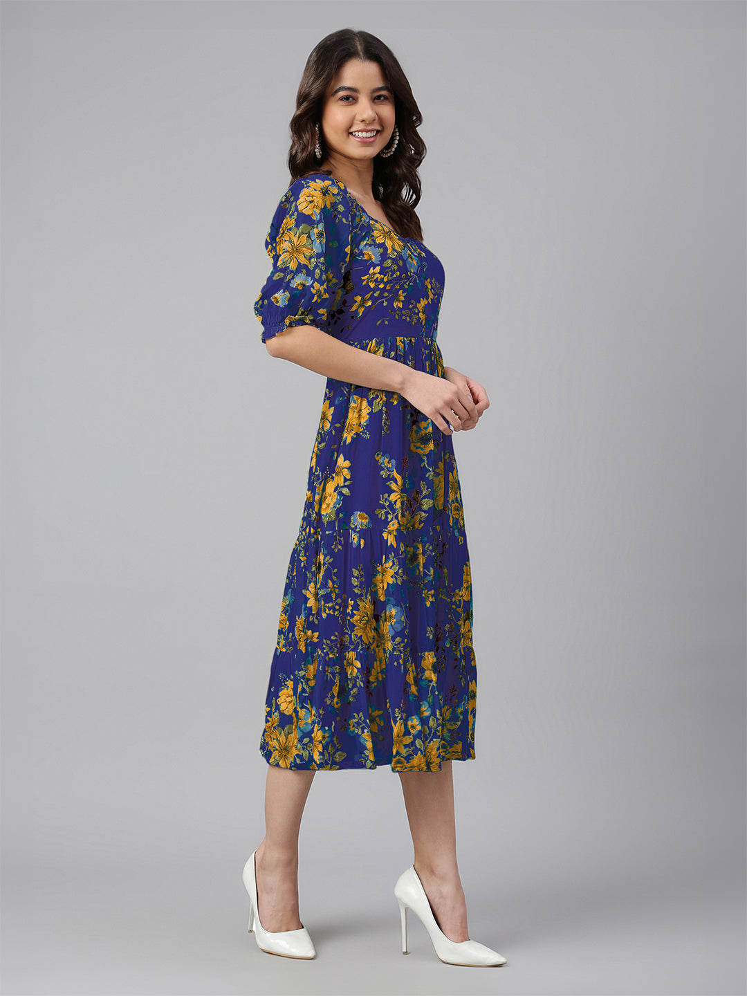 Janasya Bright Georgette Floral Tiered Dress | Swadesiicart
