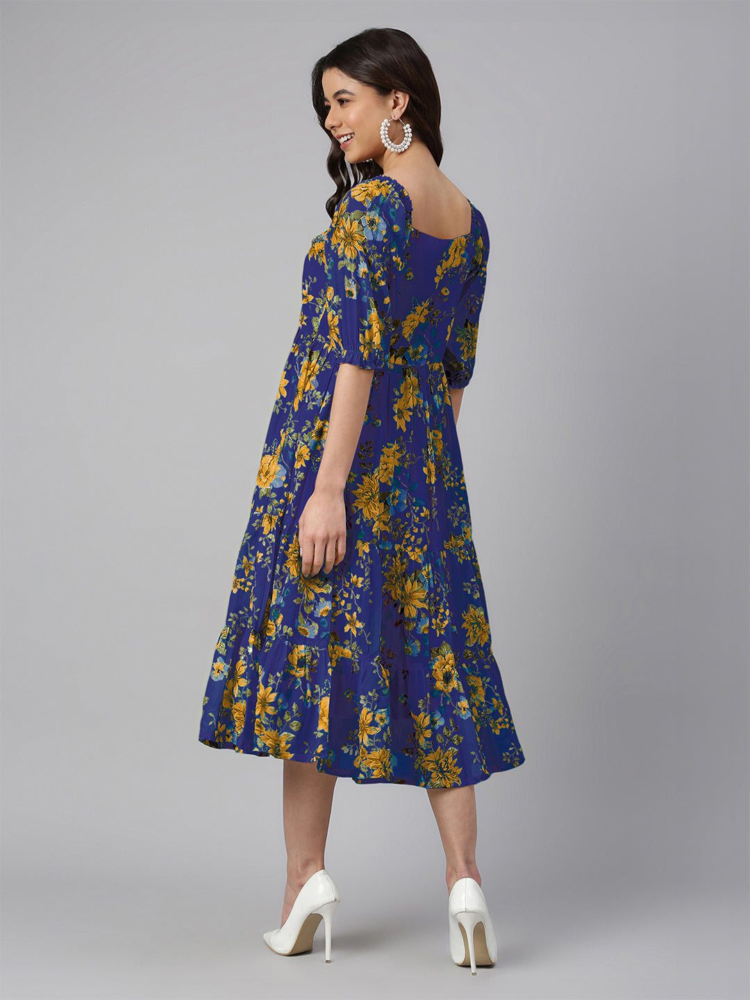 Janasya Bright Georgette Floral Tiered Dress | Swadesiicart