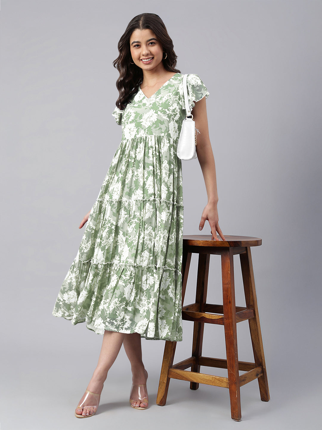 Janasya Dark Georgette Abstract Tiered Dress | Swadesiicart
