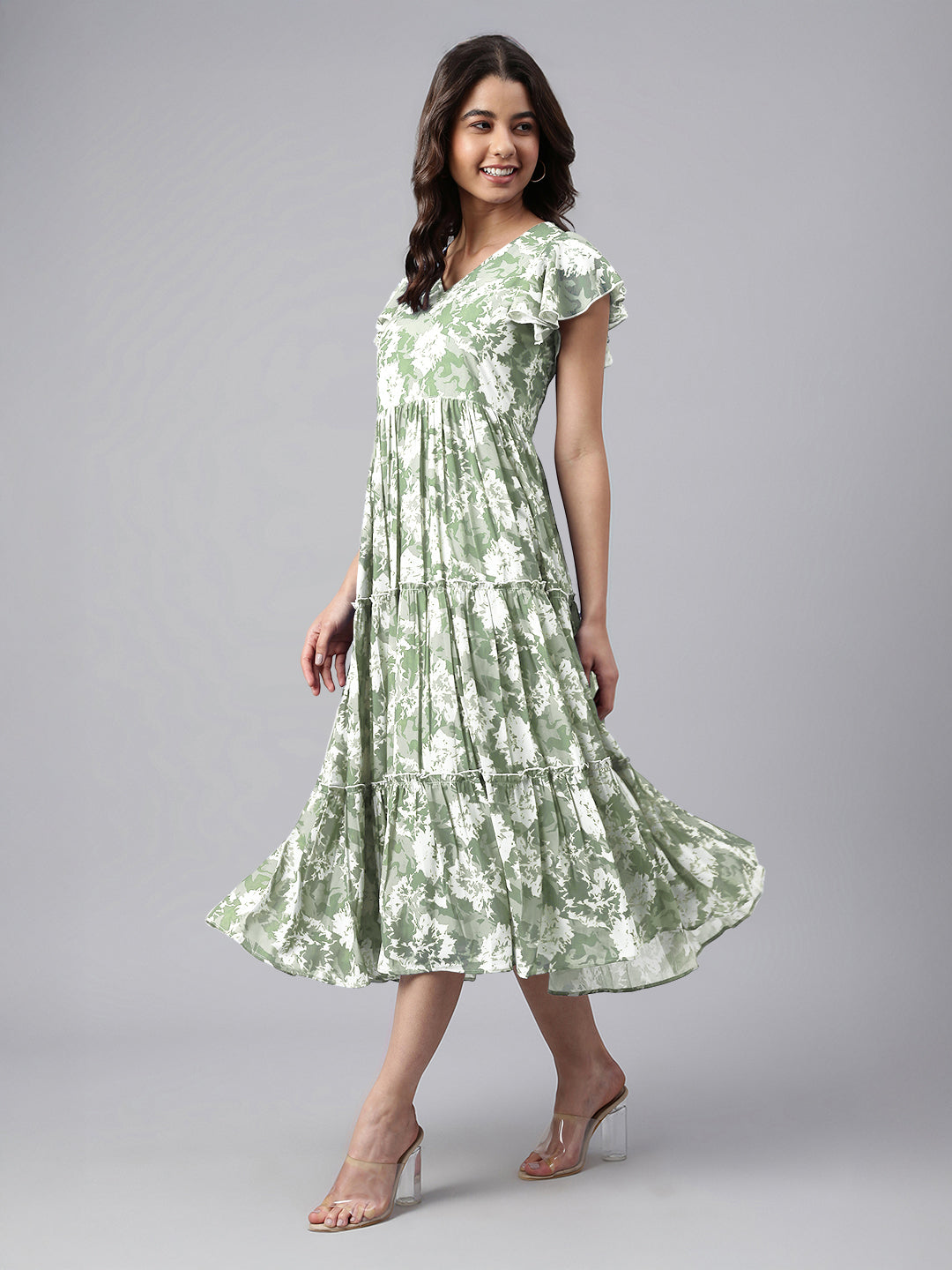 Janasya Dark Georgette Abstract Tiered Dress | Swadesiicart