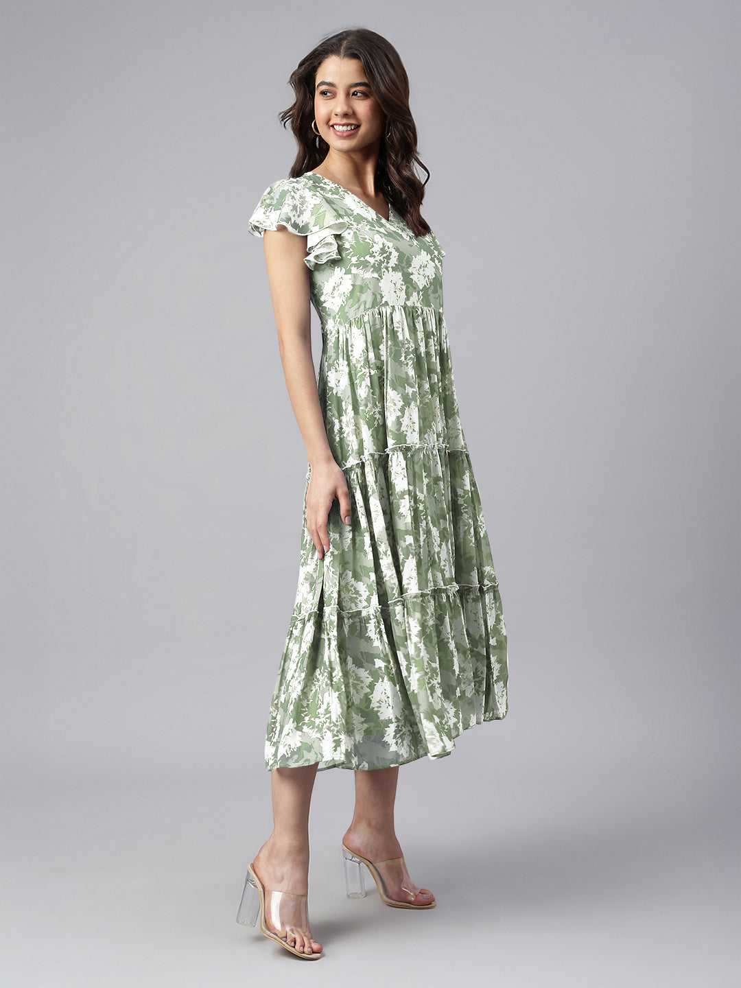 Janasya Dark Georgette Abstract Tiered Dress | Swadesiicart