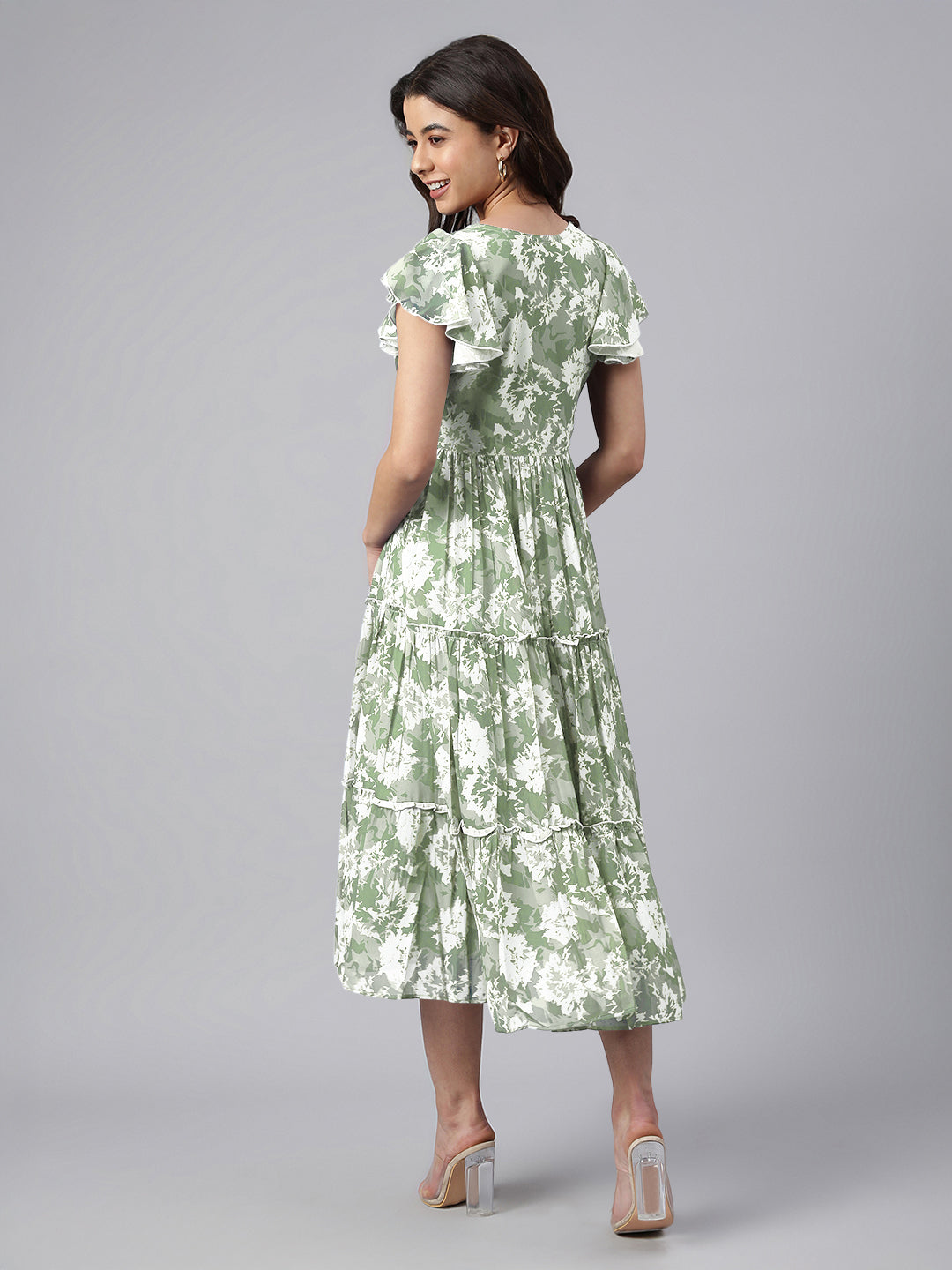 Janasya Dark Georgette Abstract Tiered Dress | Swadesiicart