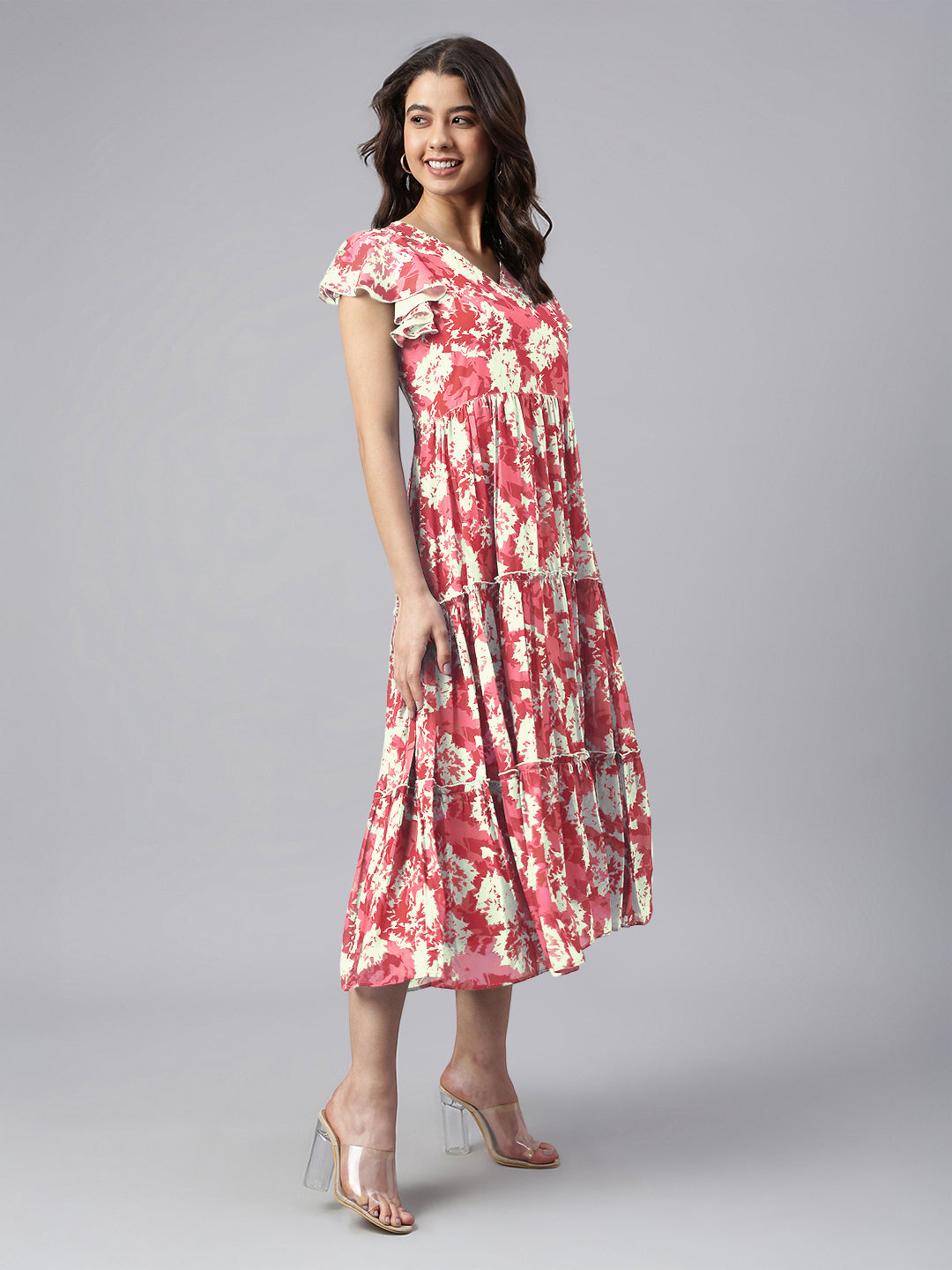 Janasya Dark Georgette Abstract Tiered Dress | Swadesiicart