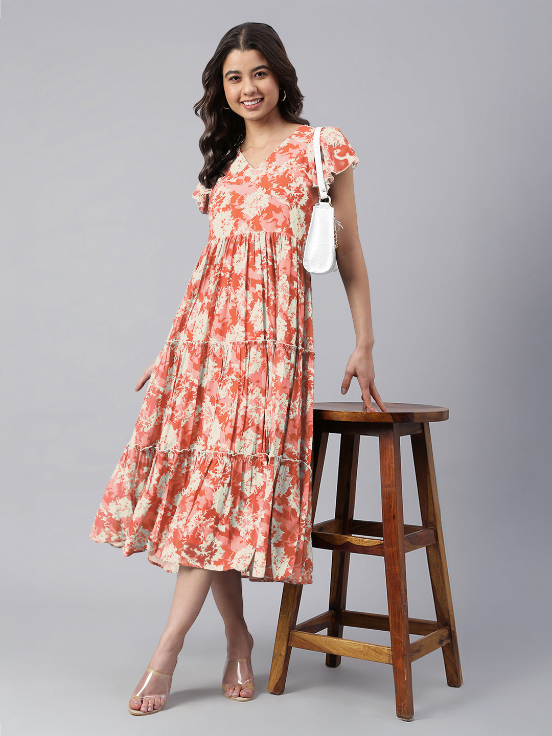 Janasya Dark Georgette Abstract Tiered Dress | Swadesiicart