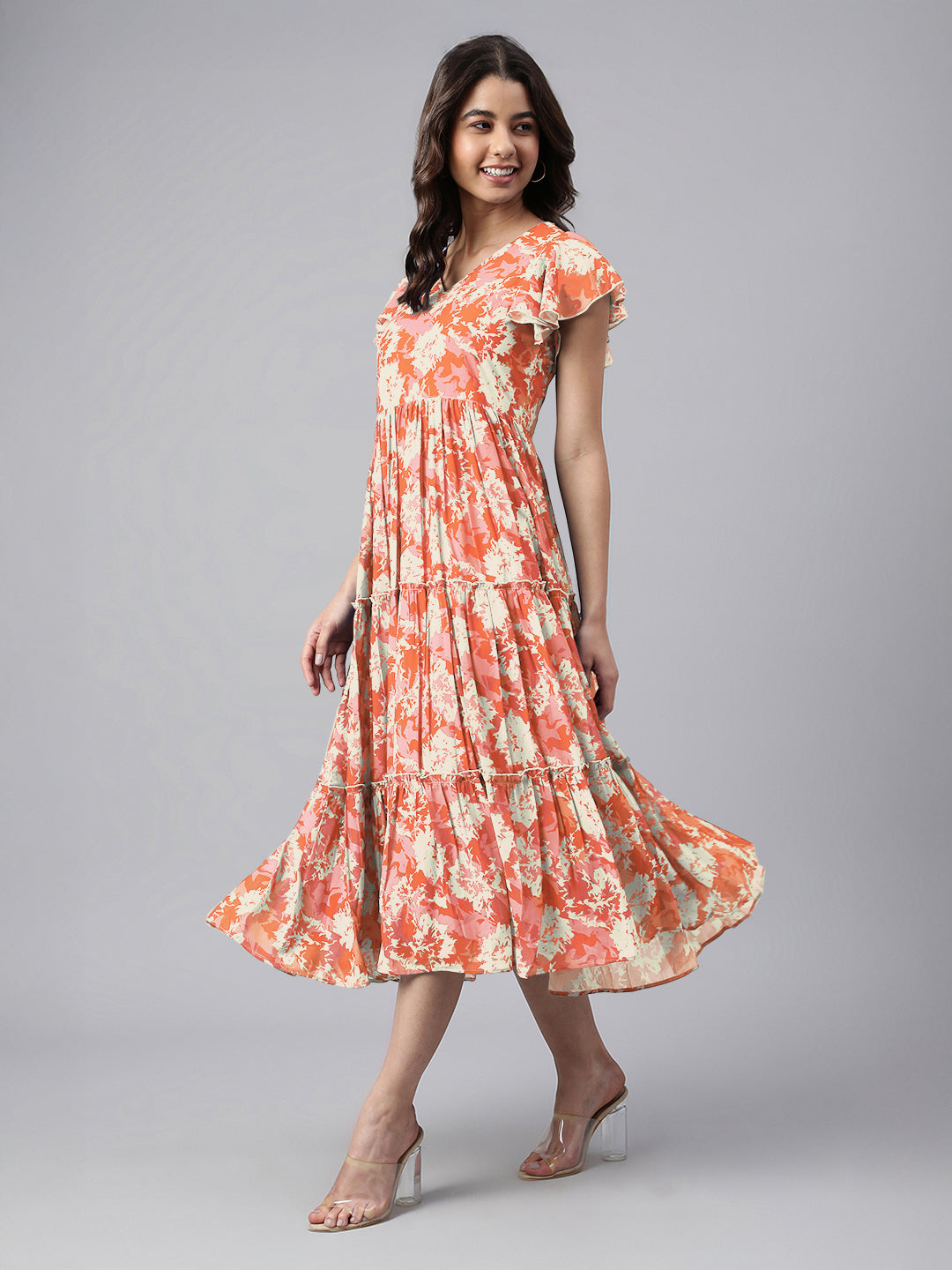 Janasya Dark Georgette Abstract Tiered Dress | Swadesiicart