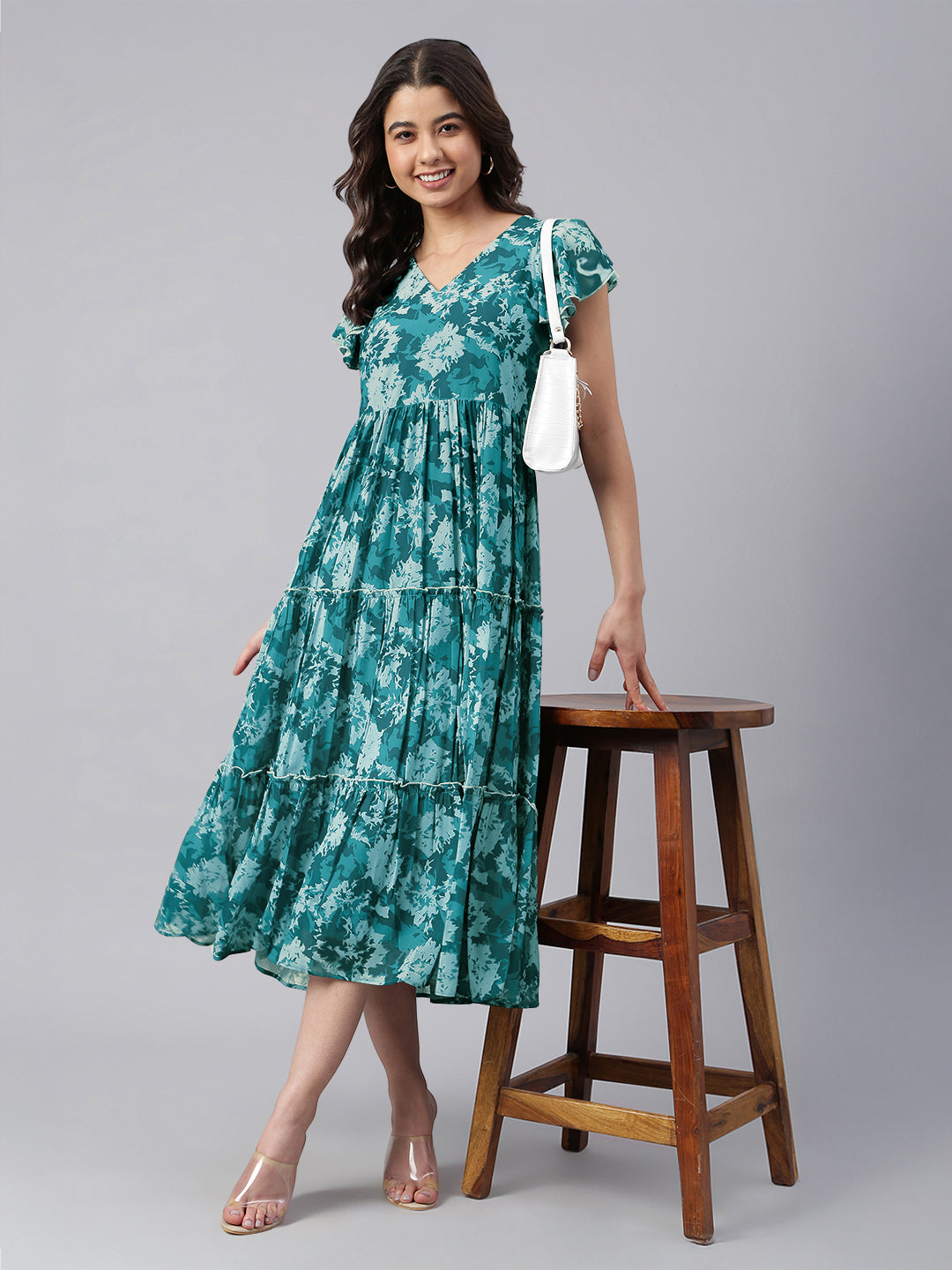Janasya Dark Georgette Floral Tiered Dress | Swadesiicart