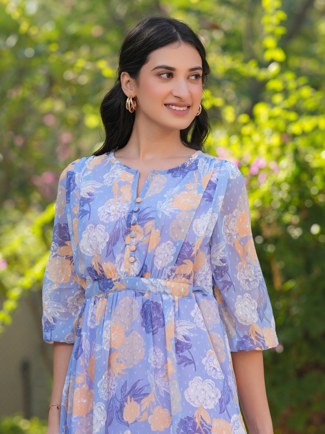 Janasya Dark Georgette Floral A-Line Dress | Swadesiicart