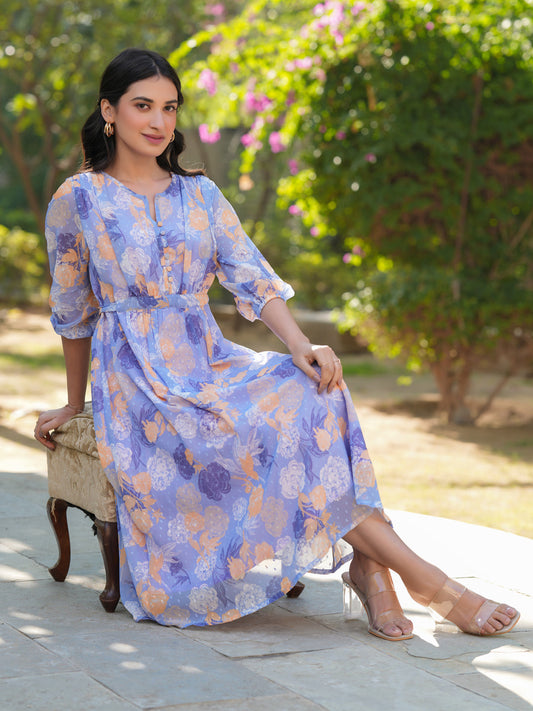 Janasya Dark Georgette Floral A-Line Dress | Swadesiicart