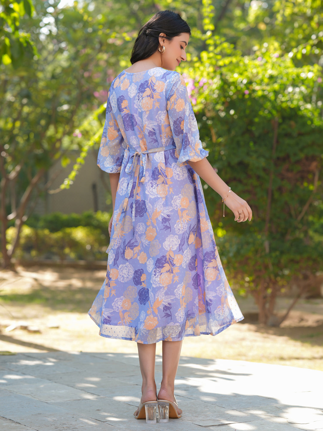Janasya Dark Georgette Floral A-Line Dress | Swadesiicart