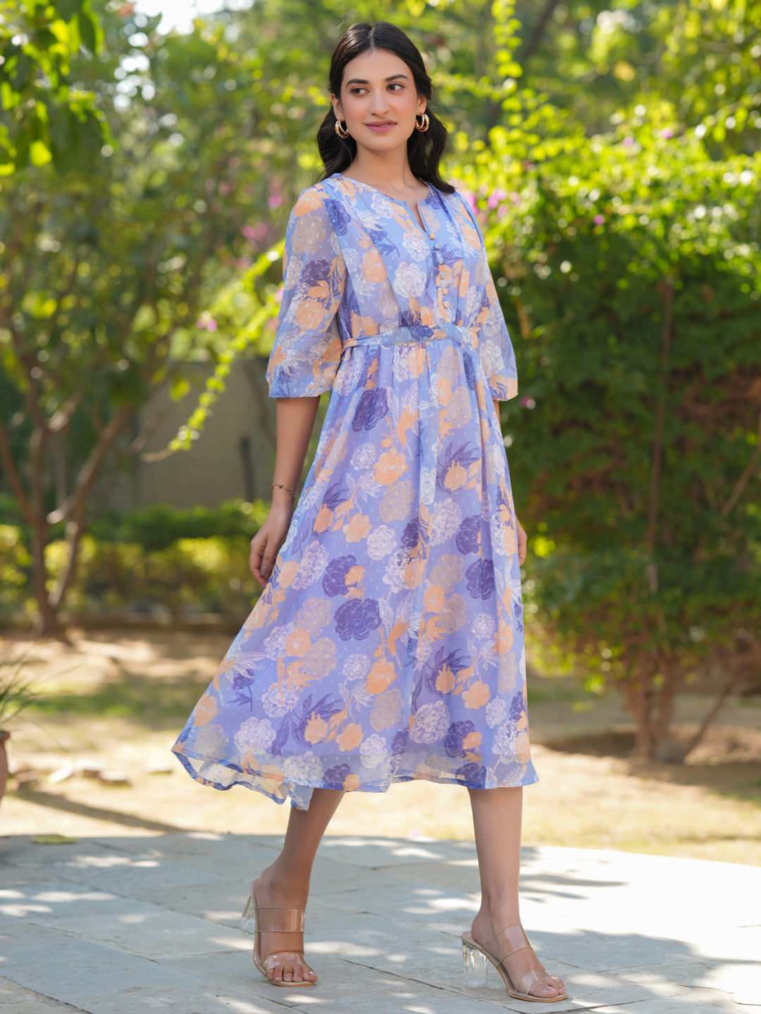Janasya Dark Georgette Floral A-Line Dress | Swadesiicart