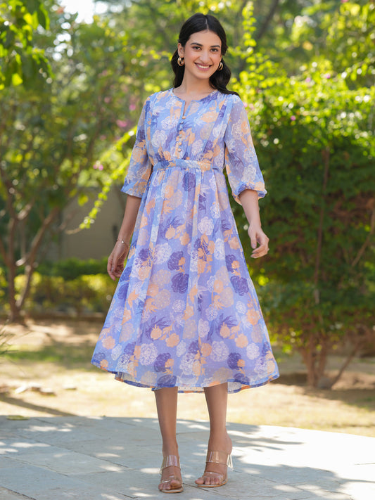 Janasya Dark Georgette Floral A-Line Dress | Swadesiicart